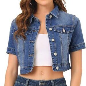 Allegra K Women's Short Sleeve Crop Jean Denim Jacket Size L
